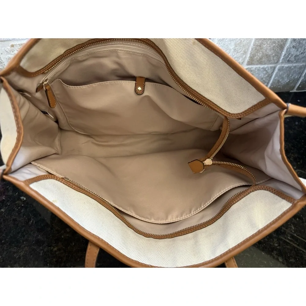 Kate Spade NY Large Market Tote Bag Beige Canvas,‎ Brown Leather Yellow